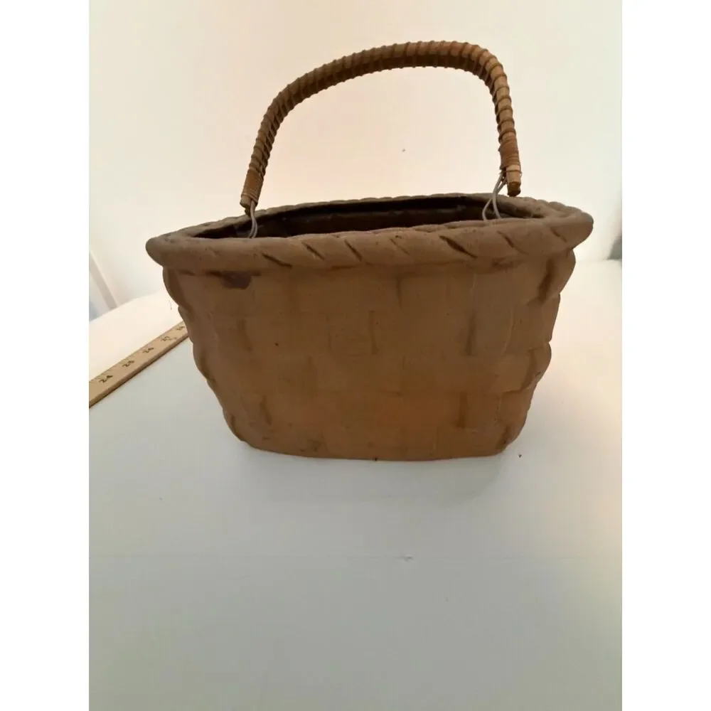 vtg. Japanese trompe l'oeil ceramic basket with braided handle